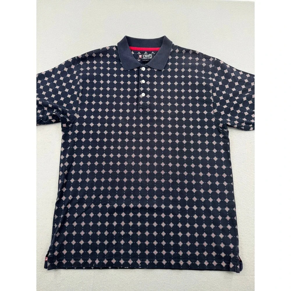VTG Chaps Ralph Lauren Short Sleeve Polo‎ Shirt Men's M Blue Diamond Dotted